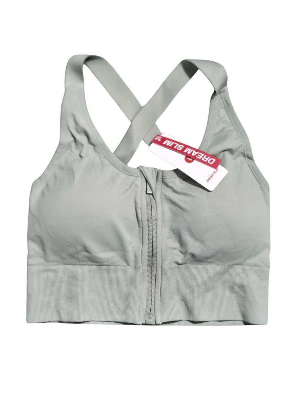 NWT | DREAM SLIM Sage Green Front Zip Criss-Cross High Support Sports Bra | XL